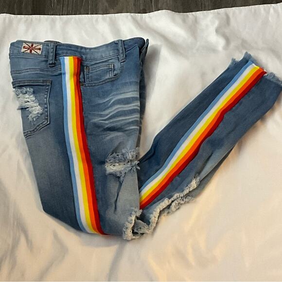 Machine Pour Neuf Mode Rainbowcore Distressed Denim Jean 5/28  Dopamine Pride - Picture 1 of 12